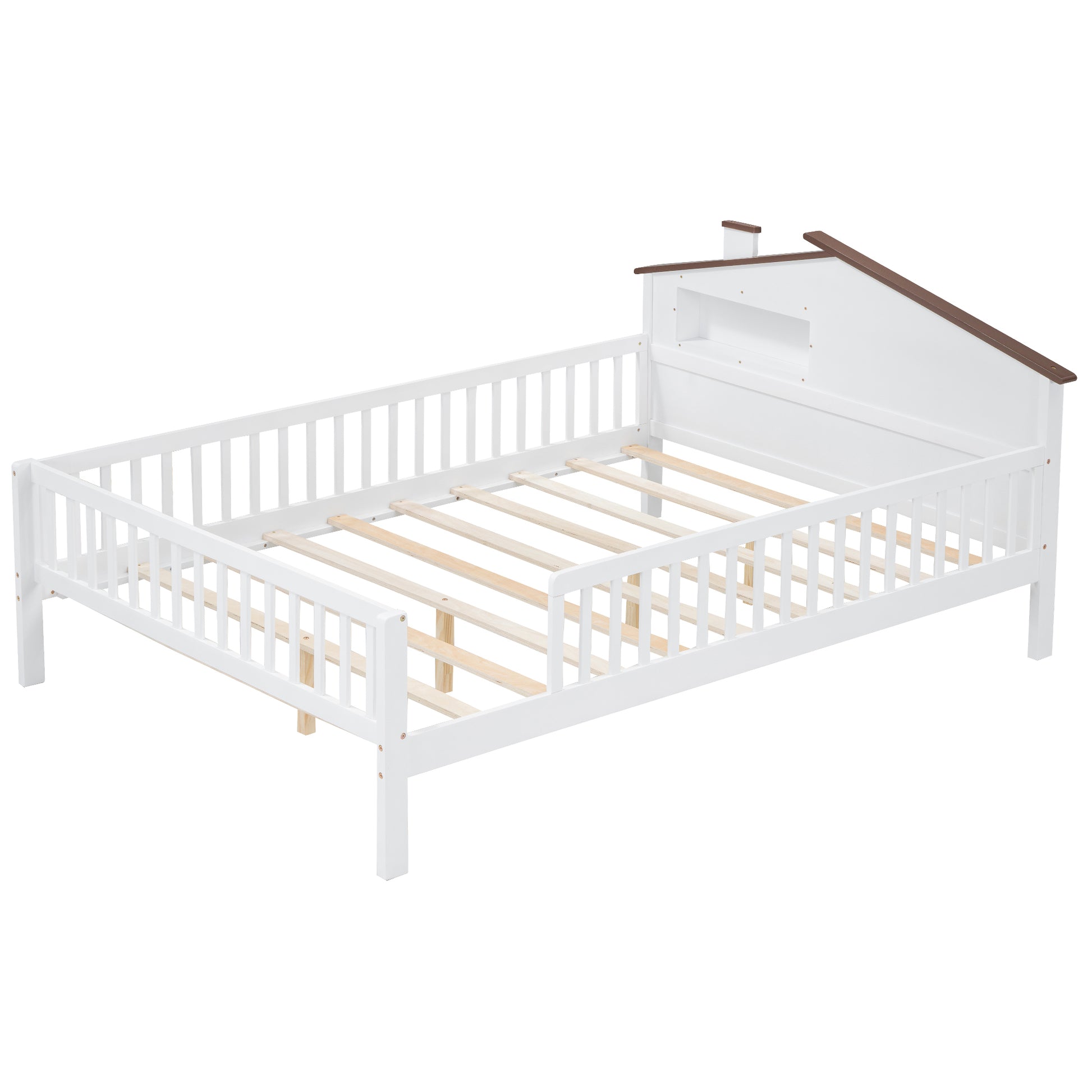 Full Size Wood Platform Bed With House Shaped Headboard, Led And Built In Storage, White Box Spring Not Required Full White Wood Bedroom Bed Frame Wood