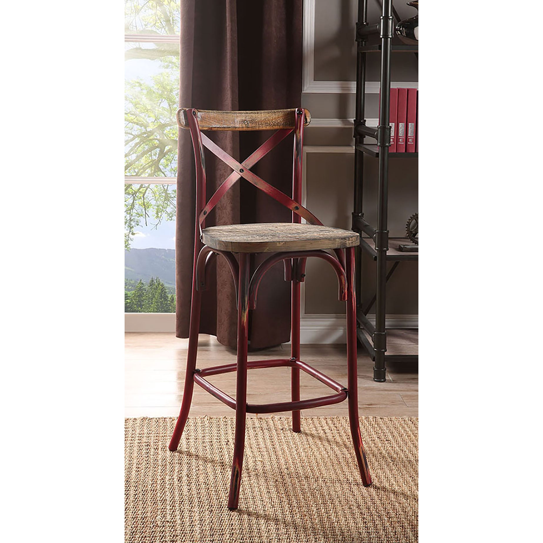 Antique Red And Antique Oak Bar Stool With Cross Back Oak Dining Room Vintage Bar Stools Fir Cross Back Wood Metal