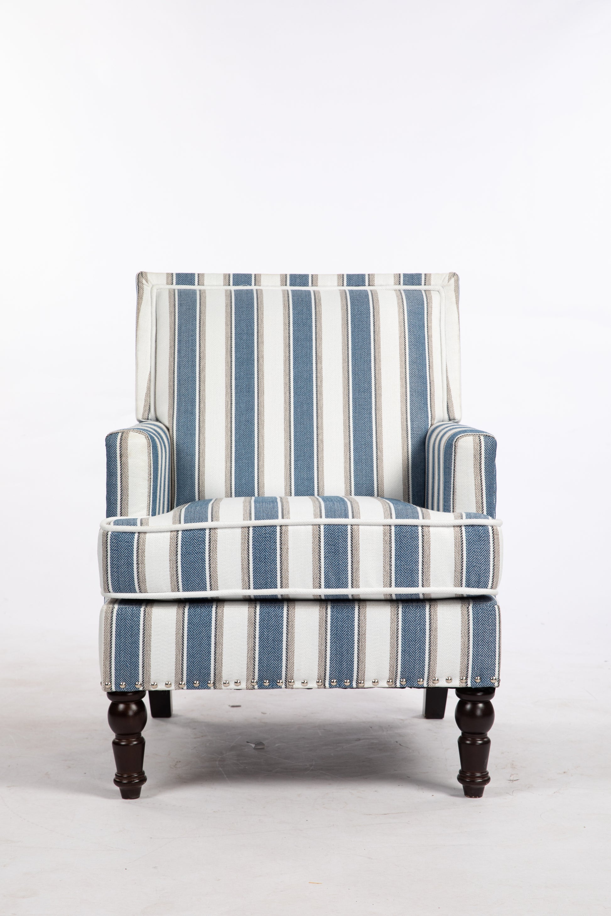 Upholstered Accent Chair, Vintage Armchair With Blue And White Striped Linen Fabric And Trim For Living Room Blue Cotton