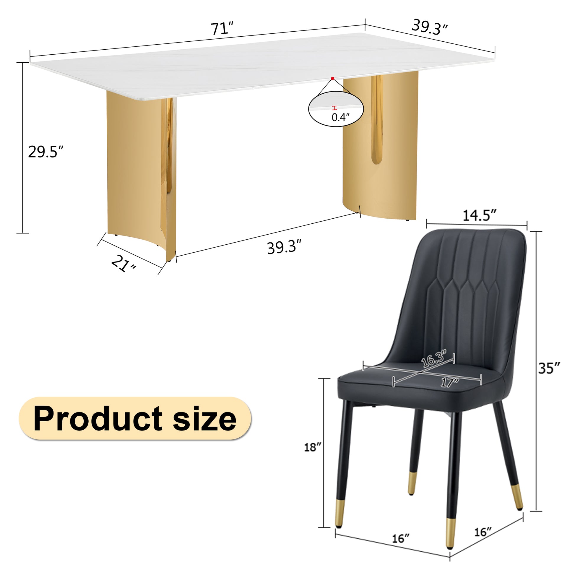 Table And Chair Set.The Table Has A Glass Top With Imitation Marble Pattern Stickers And Stainless Steel Golden Legs. Paried With Chairs With Pu Artificial Leather Backrest Cushions And Black Legs. White Gold Seats 6 Glass Metal