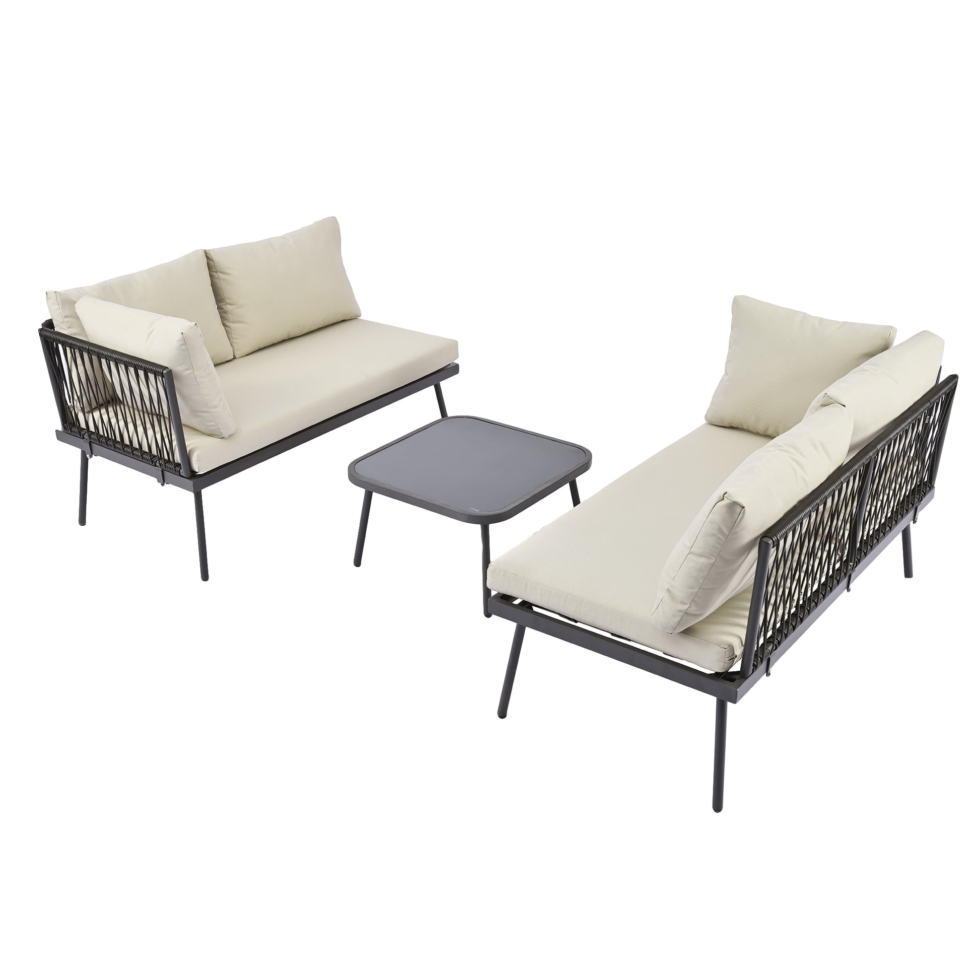 Modern Outdoor 3 Piece Pe Rattan Sofa Set All Weather Patio Metal Sectional Furniture Set With Cushions And Glass Table For Backyard, Poolside, Garden,Black,L Shaped Yes Sectional Black Seats 4 Weather Resistant Frame Water Resistant Cushion Garden &