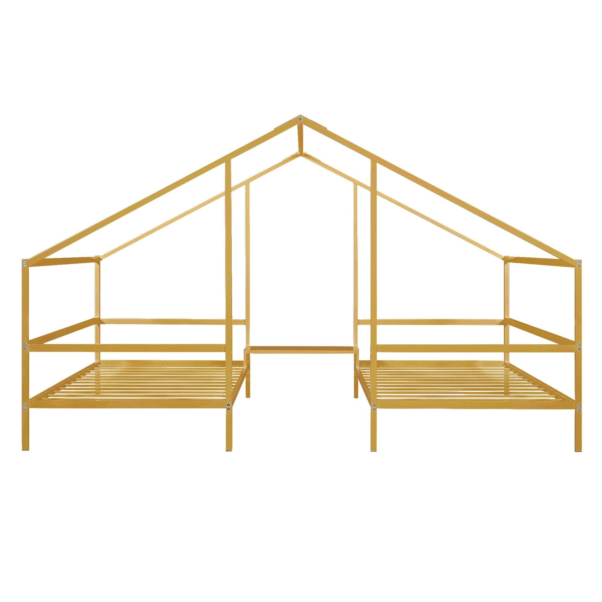 Metal Double Twin Size Triangular House Beds With Built In Table, Gold Box Spring Not Required Twin Gold Metal Metal