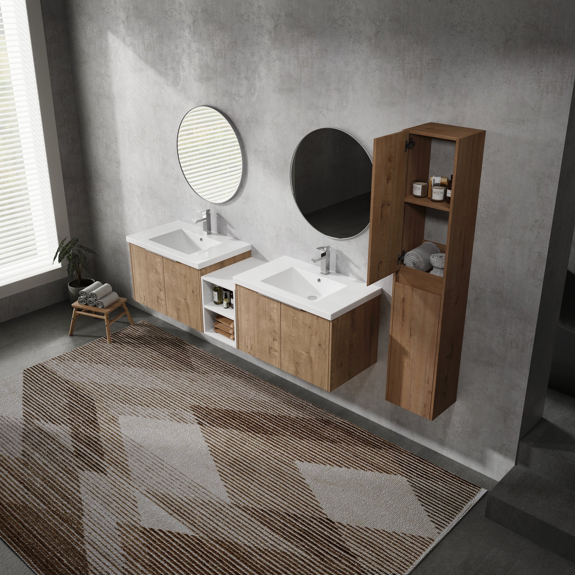 72" Wall Mounted Bathroom Vanity With Sink And Side Cabinet, Soft Close Doors,00112Imo 00630Imox2 00612Gwh Combination Cabinet Kd Packing Imitative Oak Bathroom Modern Plywood Plywood