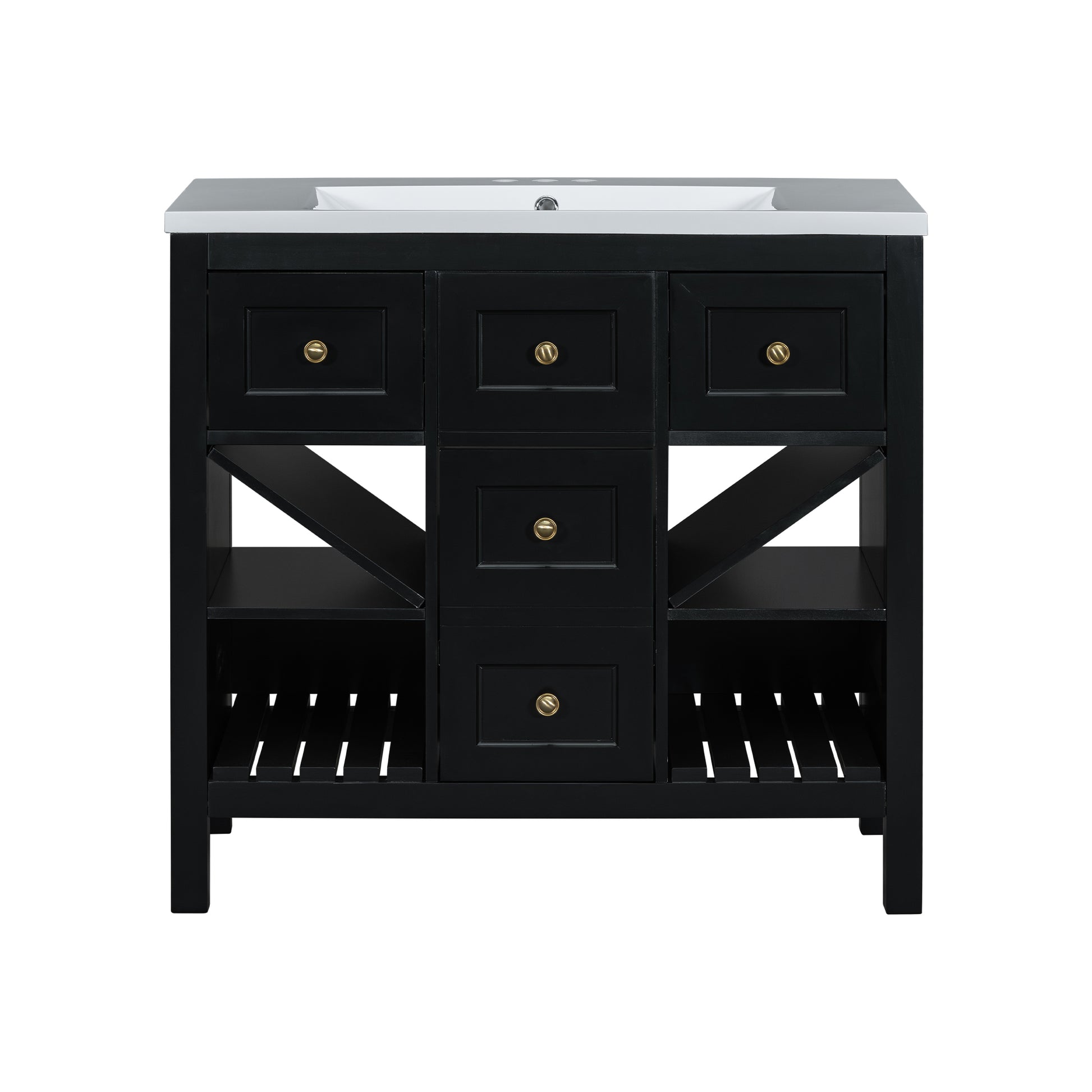 36'' Bathroom Vanity With Resin Sink Combo, Solid Wood Frame Bathroom Storage Cabinet, Freestanding Vanity Set With 5 Drawers& Soft Closing Doors Same As N710S136001B Black Bathroom Solid Wood Mdf Resin