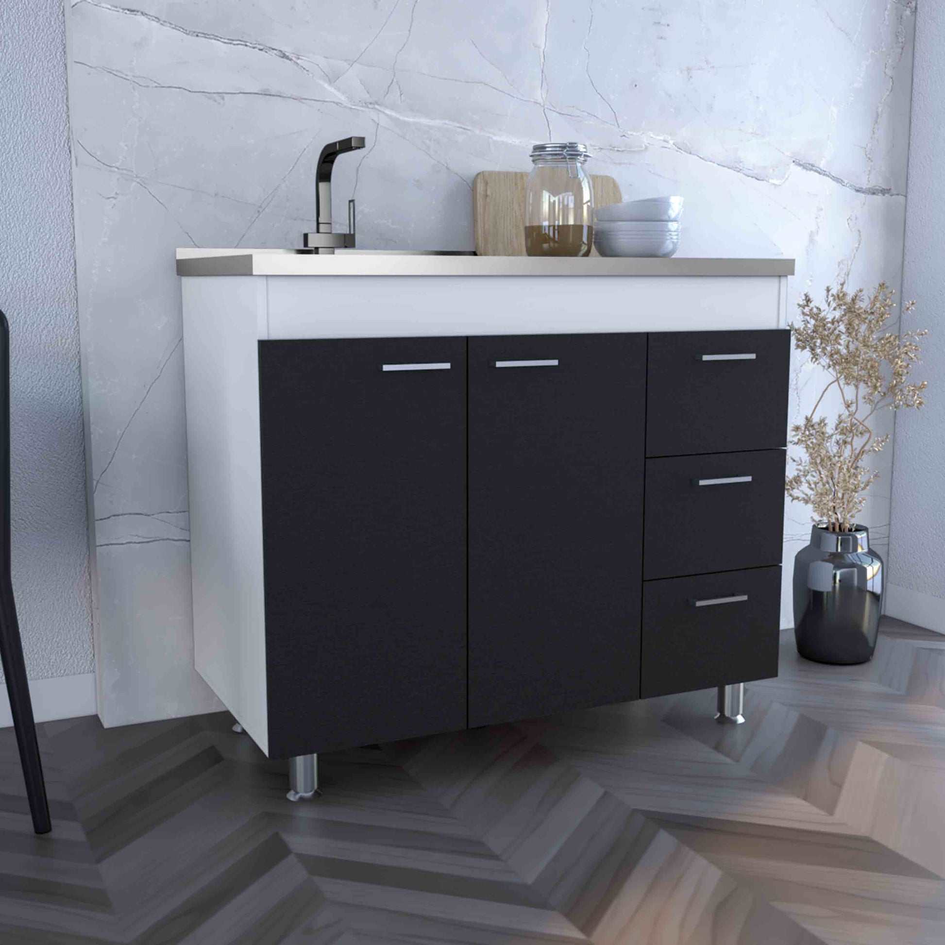 Base Double Door Cabinet, Three Drawers, White Black Multicolor Solid Wood Mdf Engineered Wood