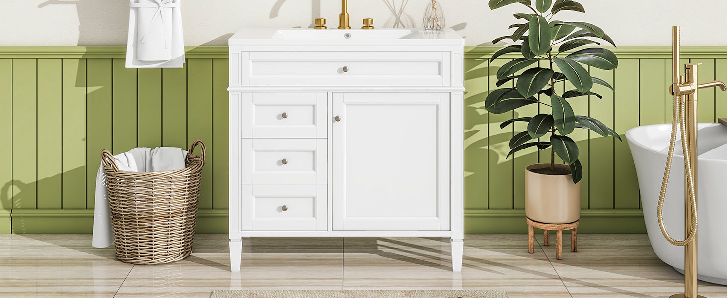 36'' Bathroom Vanity With Top Sink, Modern Bathroom Storage Cabinet With 2 Drawers And A Tip Out Drawer, Single Sink Bathroom Vanity White Bathroom Solid Wood Mdf Ceramic,Solid Wood Mdf