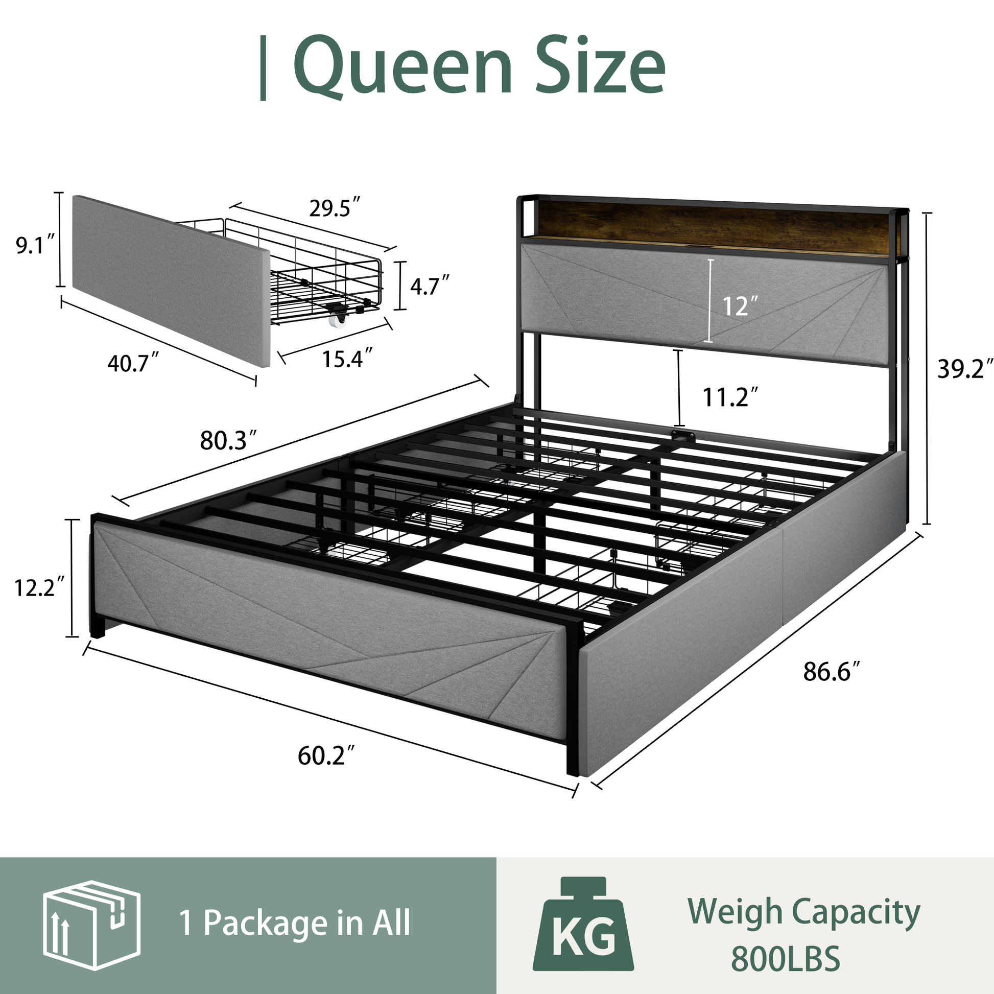 Queen Size Bed Frame With 4 Storage Drawers And 2 Usb Ports, Upholstered Platform Bed Frame With Storage Headboard Charging Station And Metal Slat Support, No Box Spring Needed, Dark Grey. Box Spring Not Required Queen Dark Grey Metal Bedroom Bed Frame