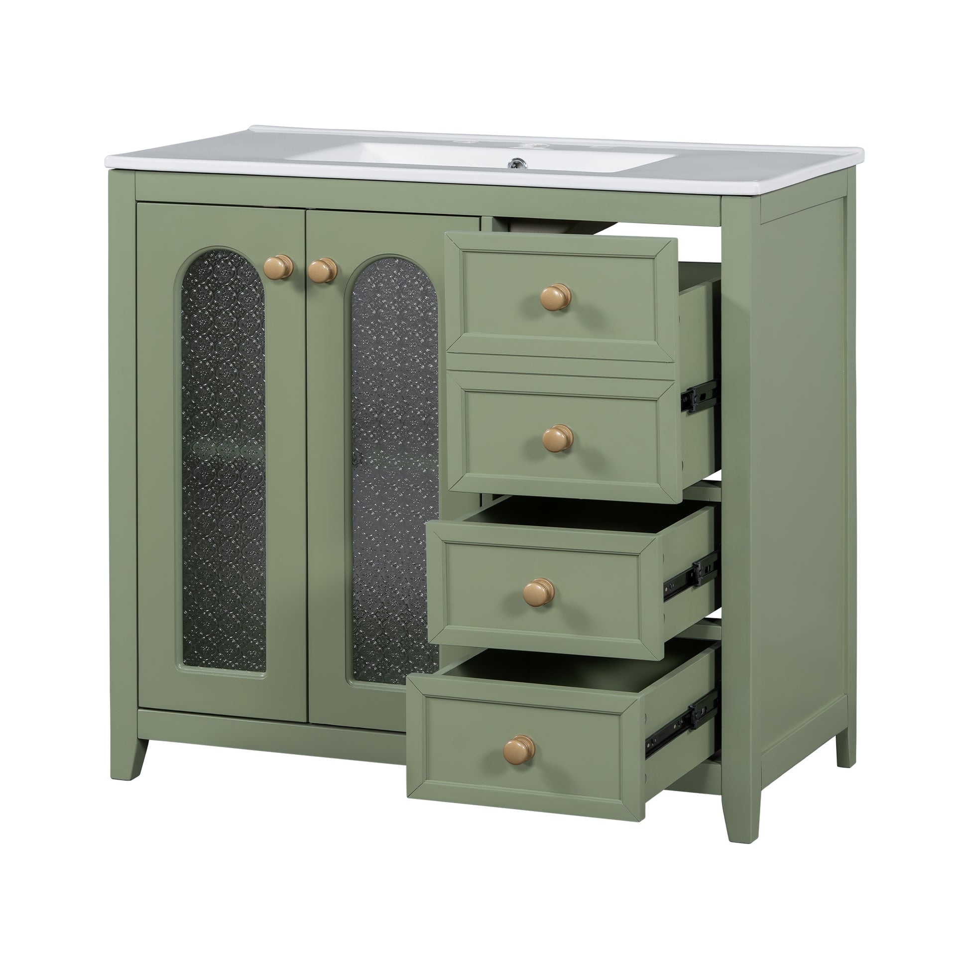 36 Inch Bathroom Vanity With Two Soft Close Doors, Adjustable Shelves And Three Soft Close Drawers Green Bathroom Solid Wood Mdf