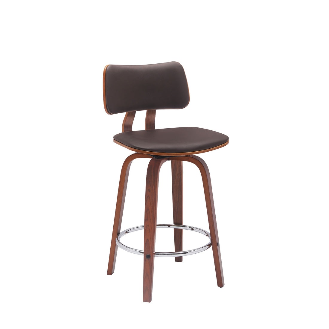 Pino 26 Inch Swivel Counter Stool Chair, Faux Leather, Walnut Brown Wood Brown Leather