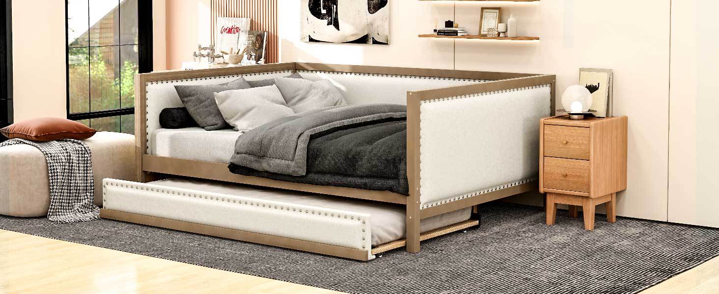 Full Size Upholstered Daybed With Trundle And Decoration, Wood Color Box Spring Not Required Full Wood Wood Daybeds Linen Upholstered