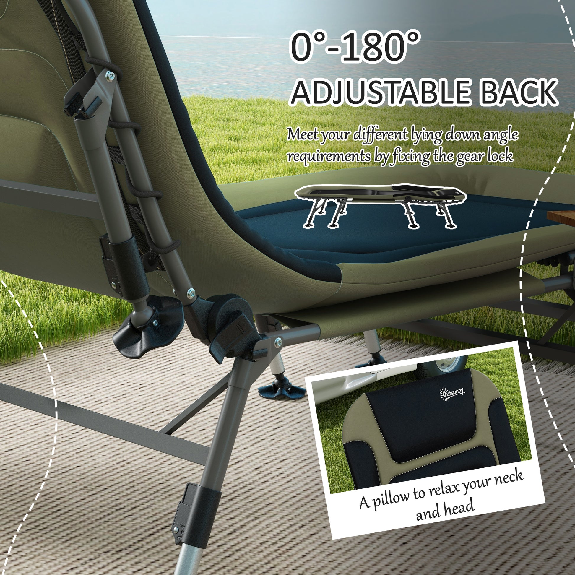 Outsunny Camping Cot For Adults, Folding Bed With Soft Padded Cushions & Headrest, 180 Adjustable Reclining Lounger, Heavy Duty And Portable With A 400 Lbs. Capacity, Dark Green Dark Green Oxford Fabric
