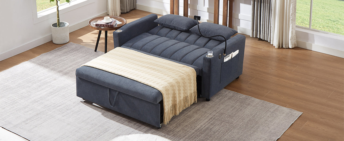 55.9" Convertible Sofa Bed Loveseat Sofa With Three Usb Ports, Two Side Pockets, Two Cup Holders And 360 Swivel Phone Holder For Living Room, Blue Grey Blue Gray Foam Polyester