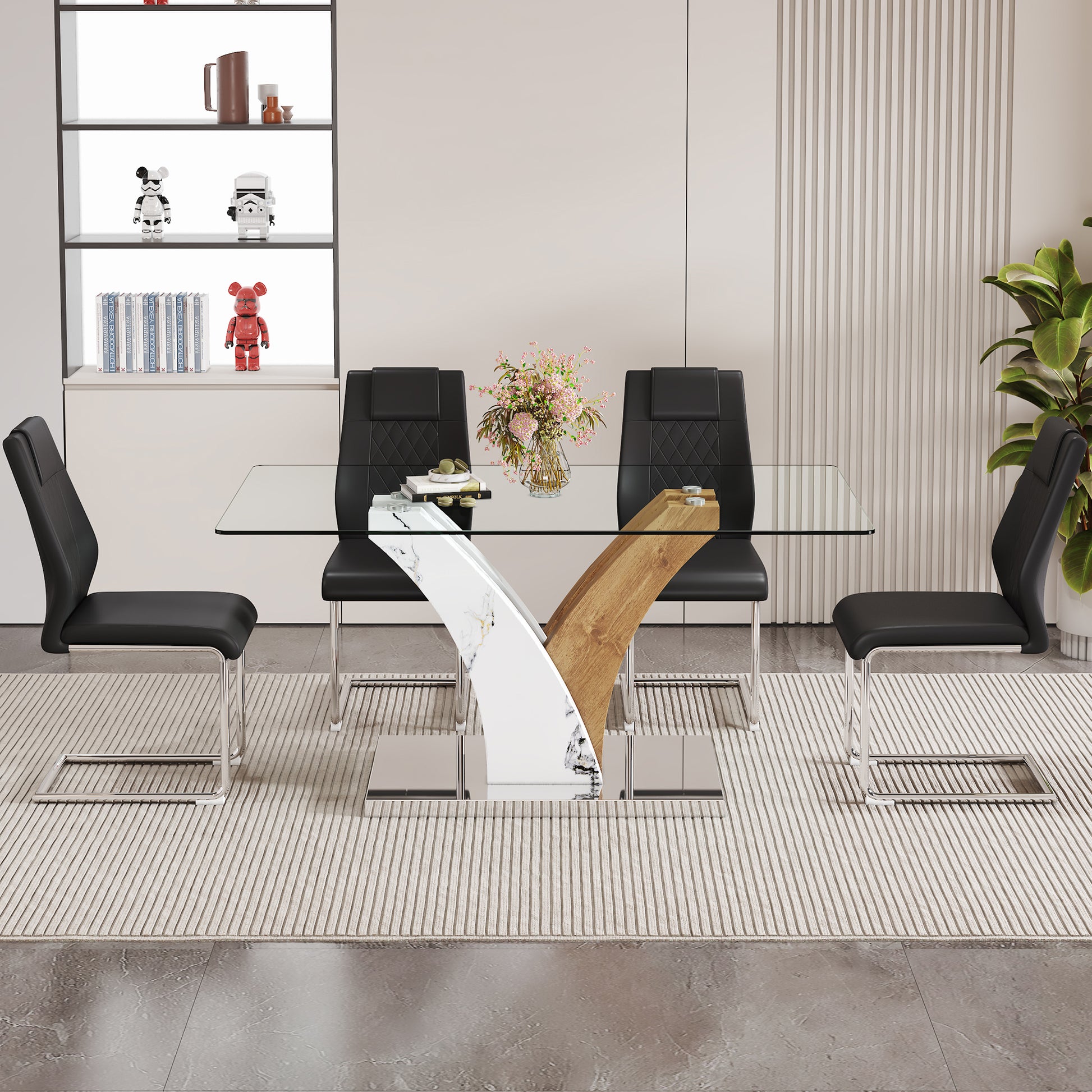 Table And Chair Set.Modern Dining Table, Tempered Glass Countertop With Artistic Mdf Legs.Paried With 4 Comfortable Chairs With Pu Seats And Metal Legs. Suitable For Various Decoration Styles. Black,Transparent Seats 4 Mdf Glass