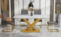 Table And Chair Set, The Table Is Equipped With A Marble Patterned Mdf Tabletop And Gold Table Legs.The Chair Is Equipped With Pu Synthetic Leather High Back Cushion And Gold Coated Metal Legs. Grey Gold Seats 6 Mdf Metal