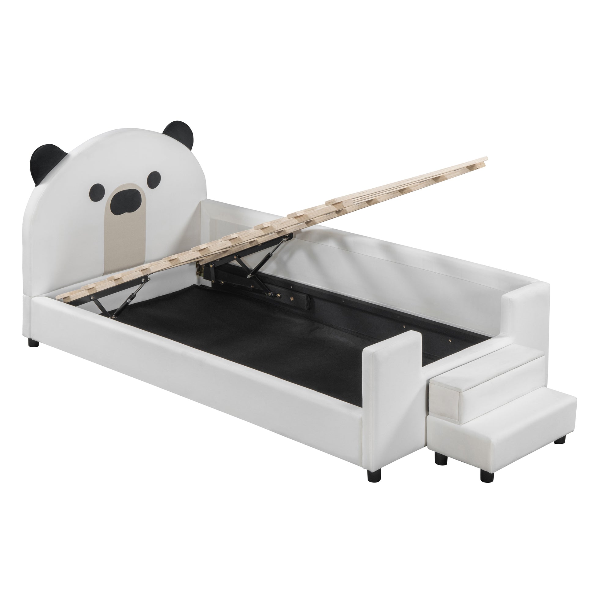 Twin Size Upholstered Daybed With Bear Shaped Headboard, Hydraulic System Andmesh Fence, White White Velvet