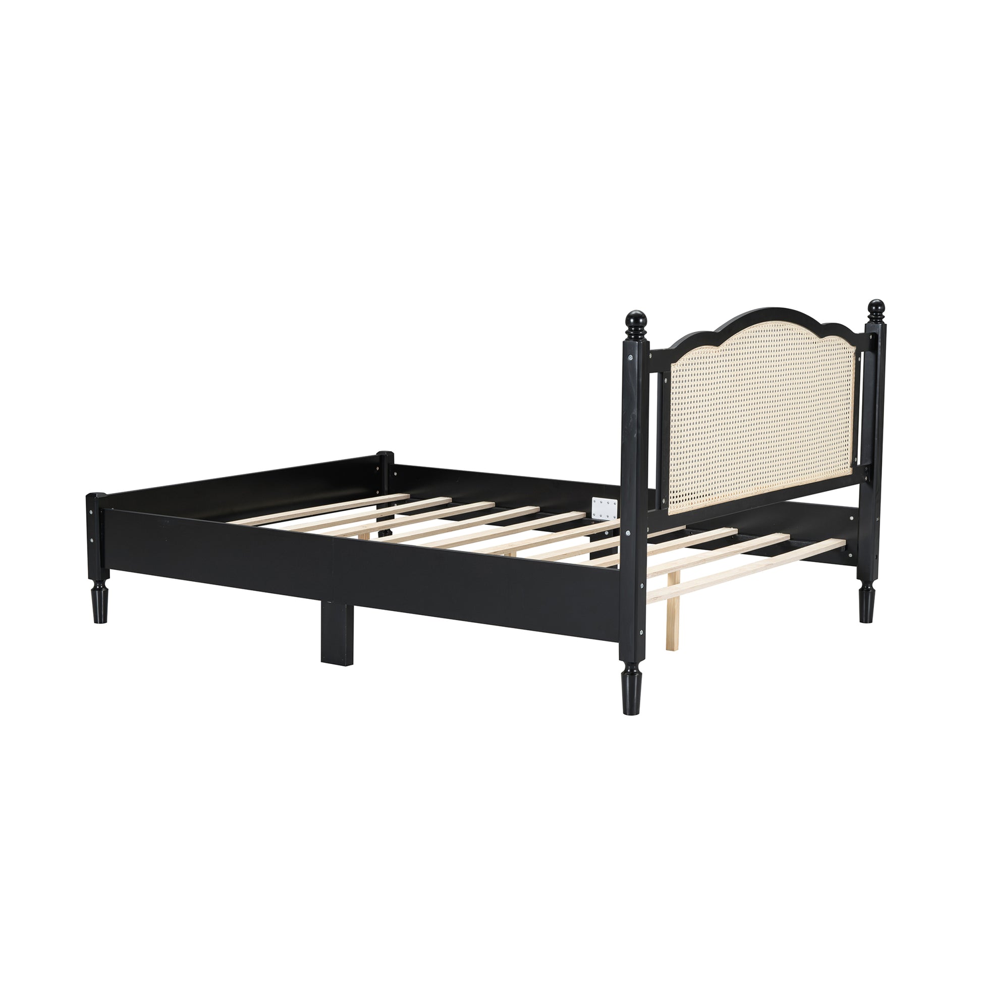 Queen Size Wooden Platform Bed With Natural Rattan Headboard, Vintage Bed Frame With Wooden Slat Support, Black Box Spring Not Required Queen Black Wood