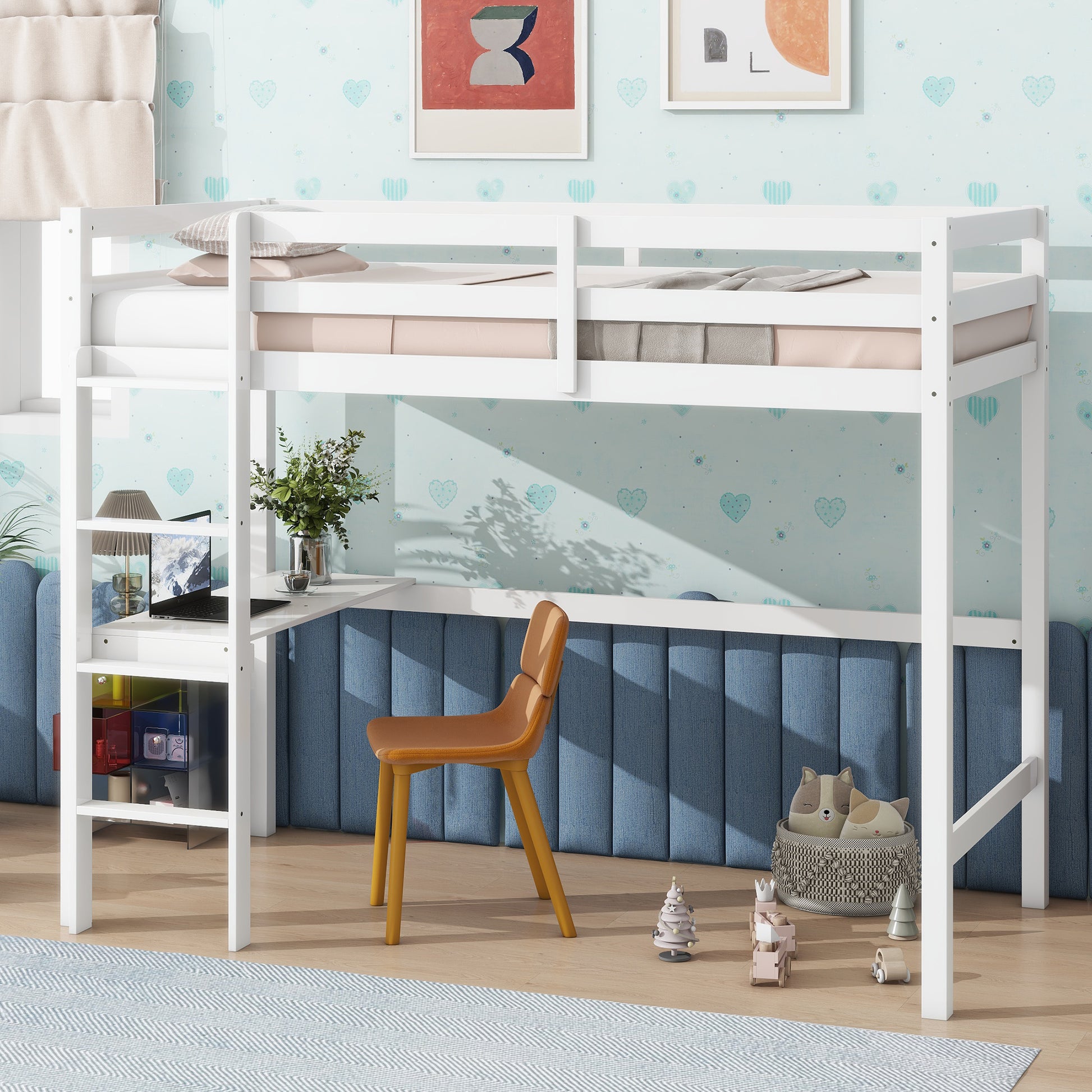 Twin High Loft Bed, Rubber Wood Loft Bed With Safety Guardrail, Built In Desk, Ladder,White Twin White Rubber Wood