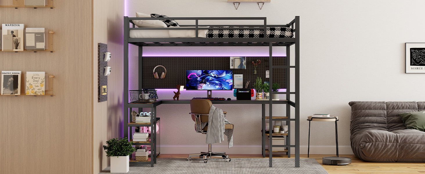 Full Xl Metal Loft Bed With Desk And Shelves, Loft Bed With Ladder And Guardrails, Loft Bed Frame For Bedroom, Black Full Xl Black Metal