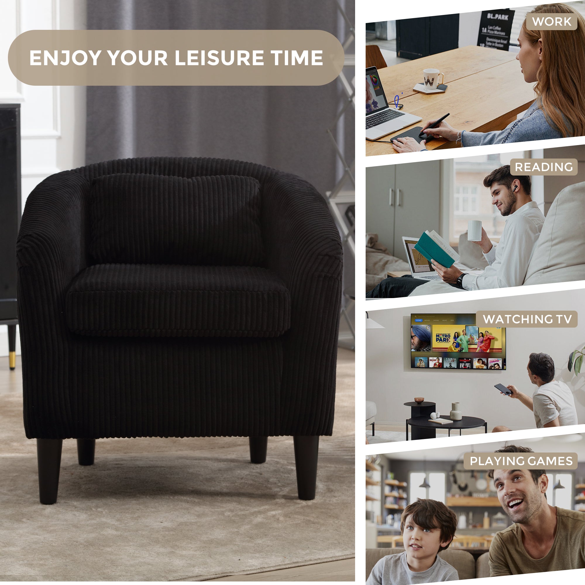 Coolmore Living Room Accent Barrel Chair, Century Modern Style Decorative Chair, Armchair For Living Room With Thick Cushions And Pillows, Comfy Single Sofa Chair, Chair With Wooden Legs,Black Black Corduroy