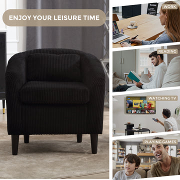 Coolmore Living Room Accent Barrel Chair, Century Modern Style Decorative Chair, Armchair For Living Room With Thick Cushions And Pillows, Comfy Single Sofa Chair, Chair With Wooden Legs,Black Black Corduroy