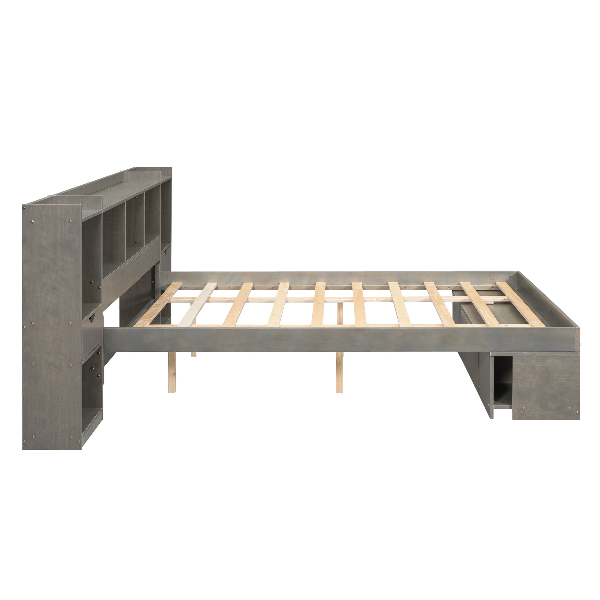 Queen Size Wood Platform Bed With Multi Storage Headboard And A Drawer, Gray Box Spring Not Required Queen Gray Wood Bedroom Bed Frame Solid Wood Mdf