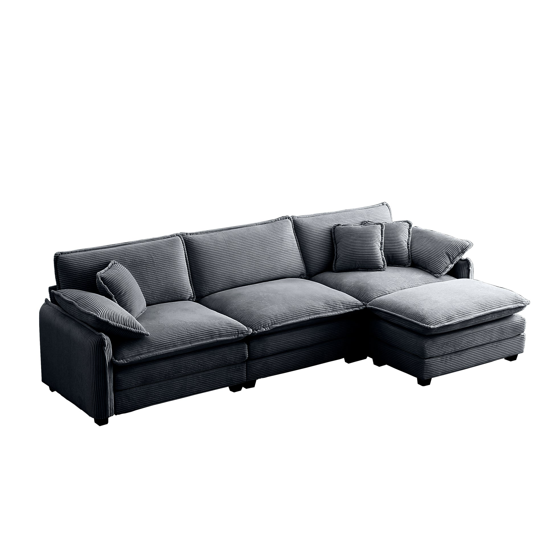 Oversize 3 Seater Sofa With One Footrest, L Shaped Sectional Sofa With Ottoman For Living Rooms,Grey Corduroy Sofa Grey Corduroy 3 Seat