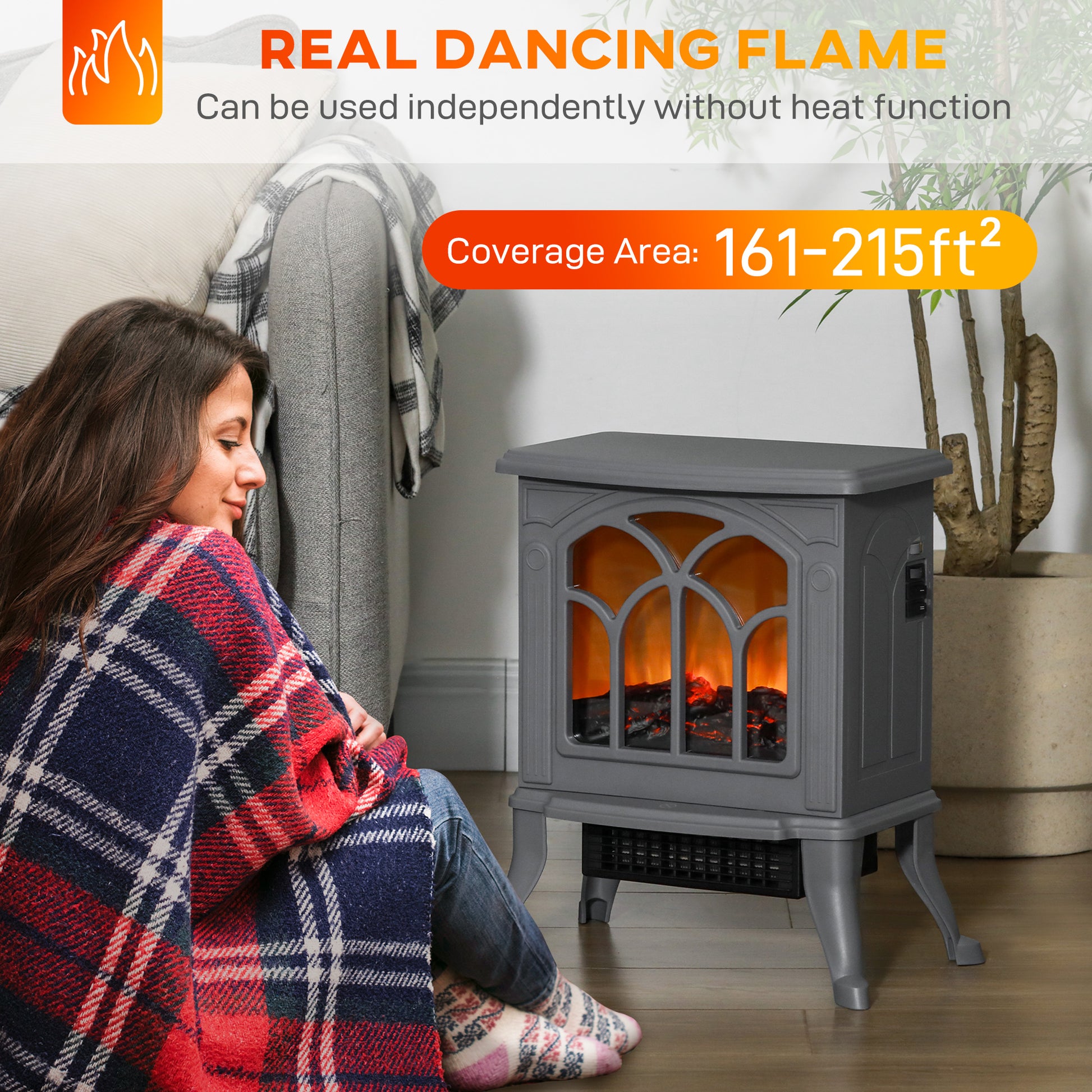 Homcom 17" Freestanding Electric Fireplace Stove, Fire Place Heater With Realistic Logs And Flame Effect And Overheat Protection, 750W 1500W, Gray Gray Plastic