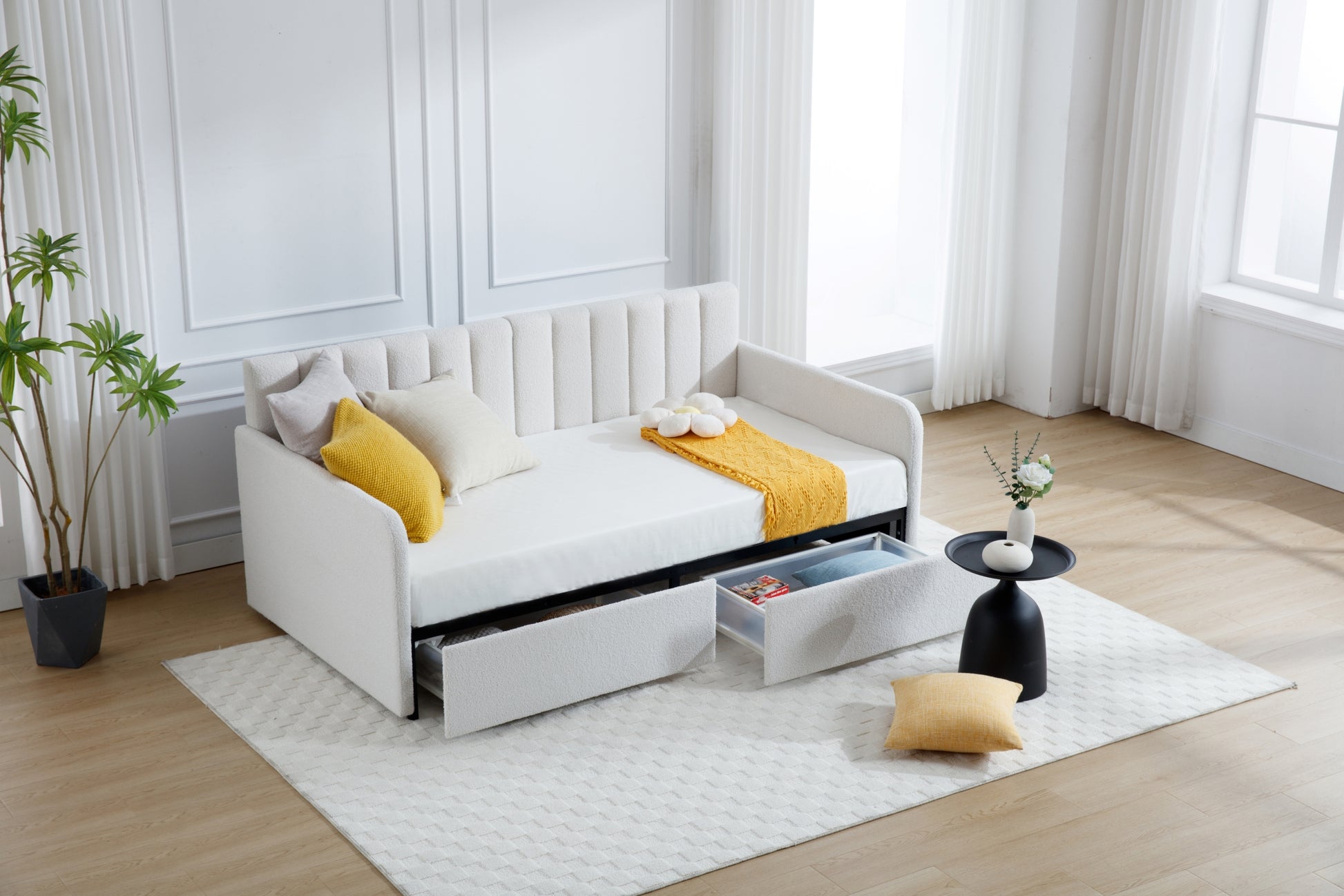 Flora Upholstered Daybed With 2 Drawers, Twin, Ivory Boucle, Ribbed Tufted Backrest, Daybed In Lavish Modern Design Box Spring Not Required Twin Ivory Metal Bedroom Classic,Contemporary,Minimalist,Traditional,Transitional Upholstered Upholstered