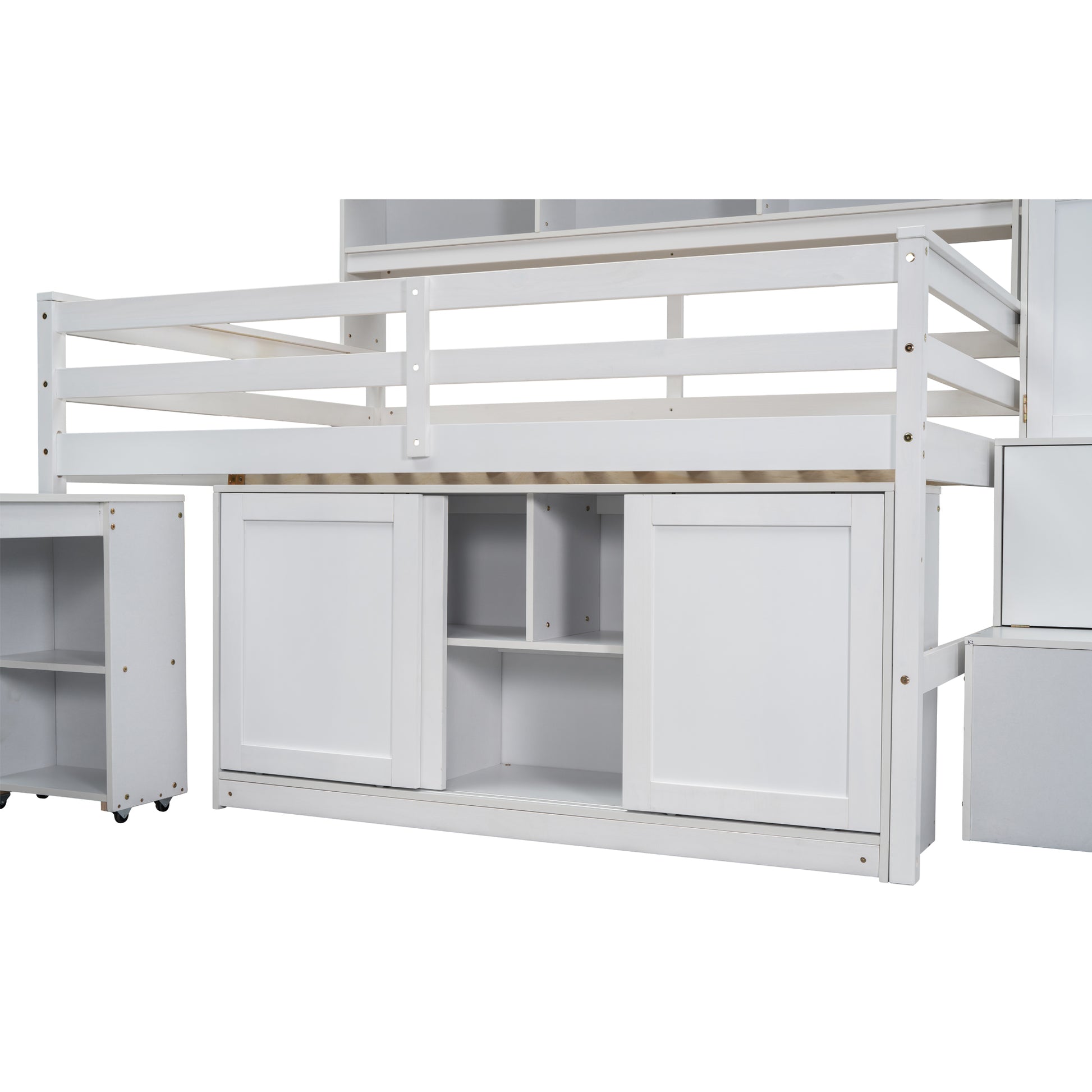 Full Size Wooden Loft Bed Big Storage With Under Bed Desk, With Drawers, With Shelves, White Full White Plywood