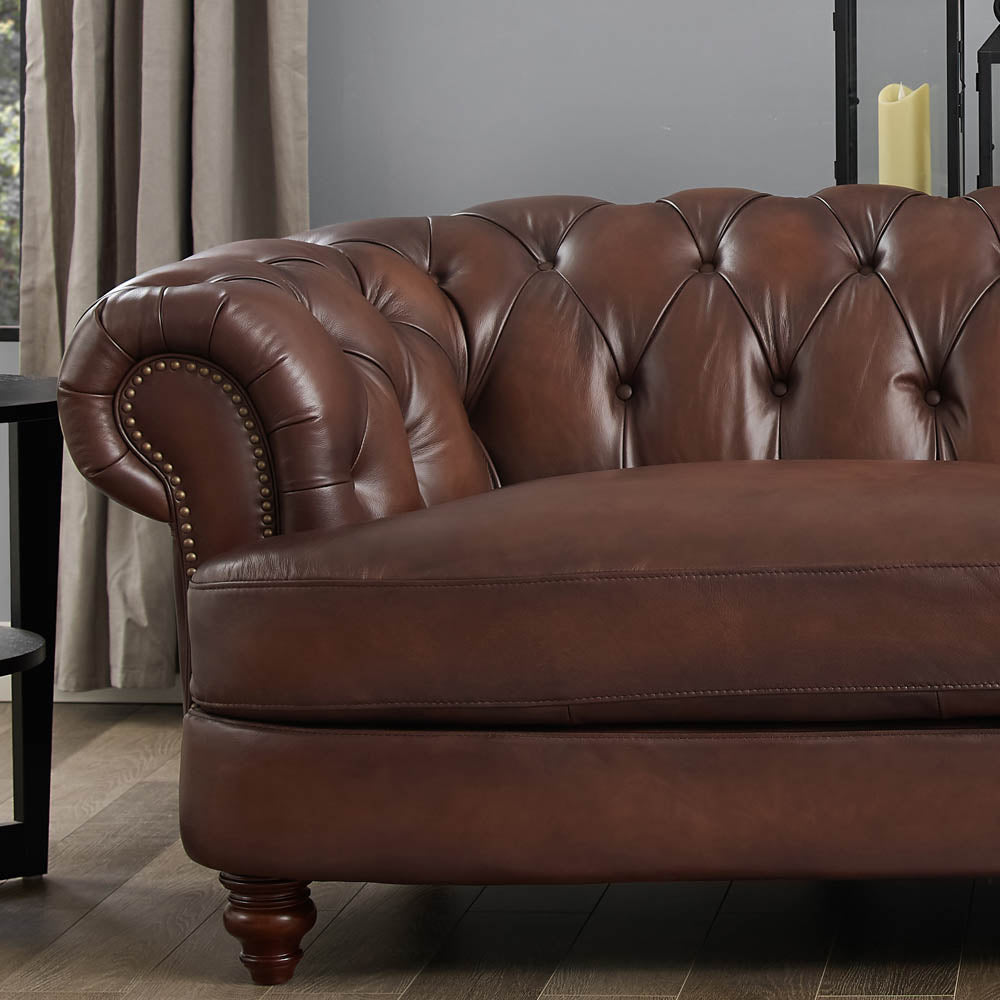Newport Leather Sofa Caramel Genuine Leather Wood Primary Living Space Medium Firm Tufted Back Mid Century Modern Eucalyptus Rolled Arms Down Filling Genuine Leather 3 Seat