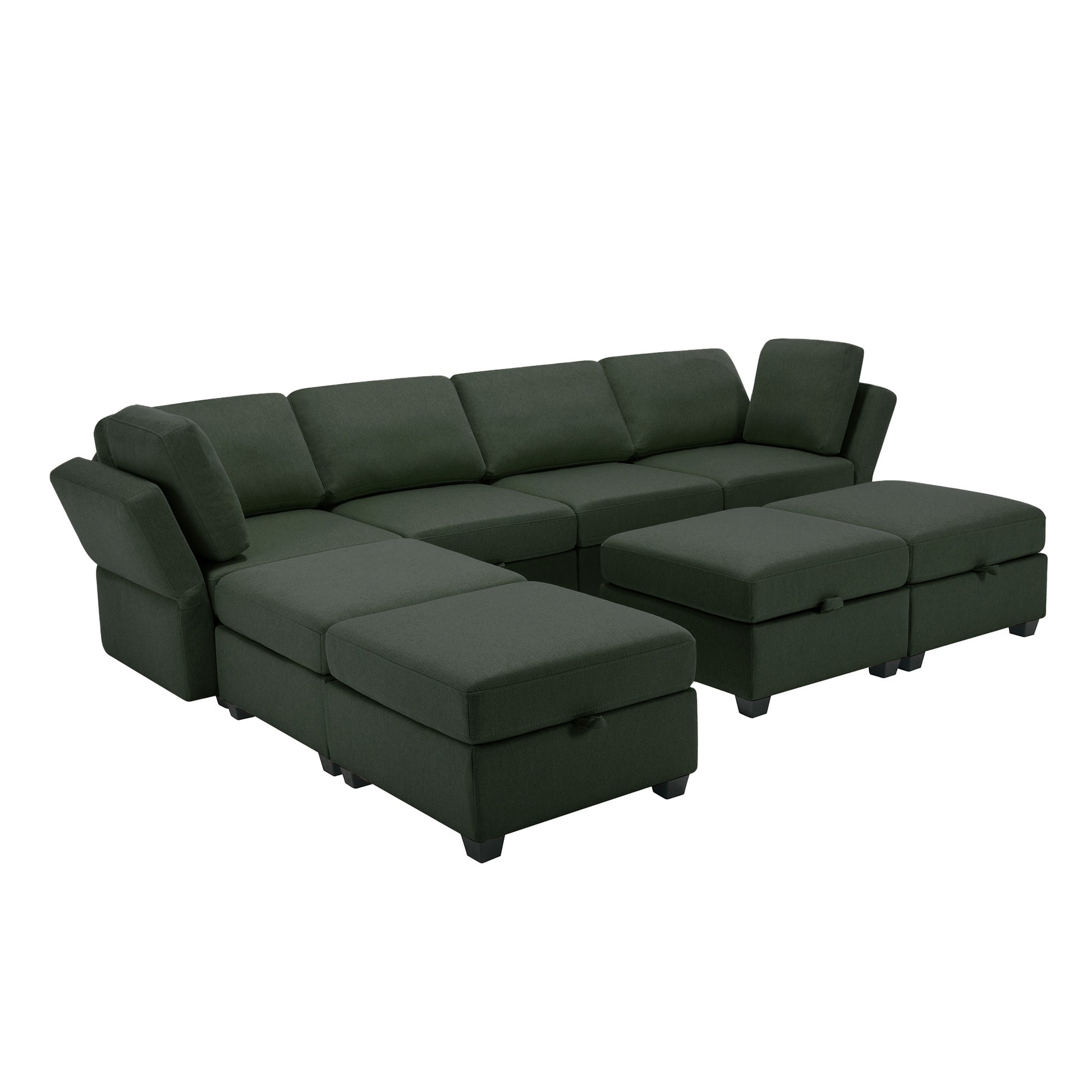 Adjustable Arms And Backs Sectional Sofa, Modern Sectional Couch U Shaped Sofa Couch With Storage Ottoman, Sofa With Convertible Chaise Green Green Polyester 4 Seat