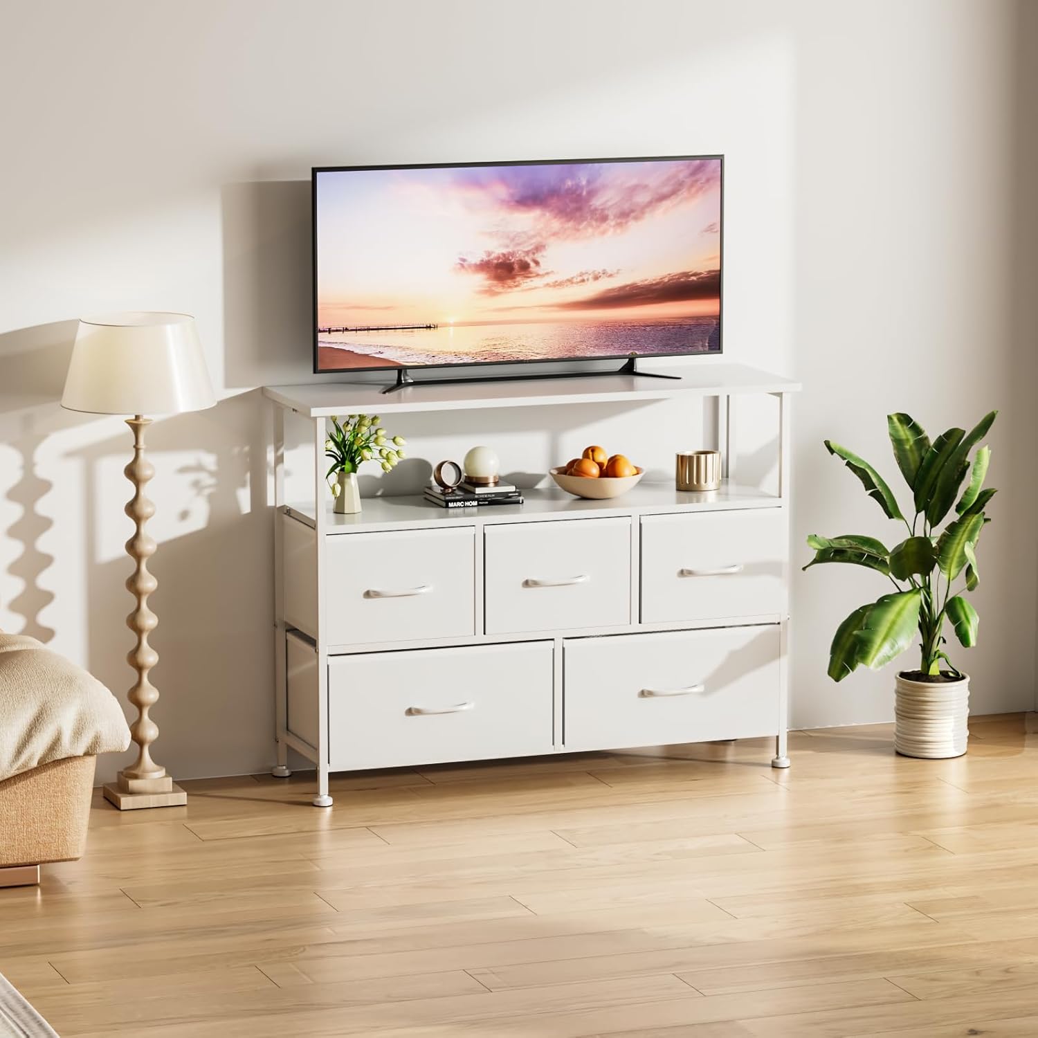 Tv Stand Dresser For Bedroom Entertainment Center With 5 Fabric Drawers, Storage Organizers Units For Living Room, Media Console Table With Open Shelf Up For 45" Tv, White, Wood Top White Wood