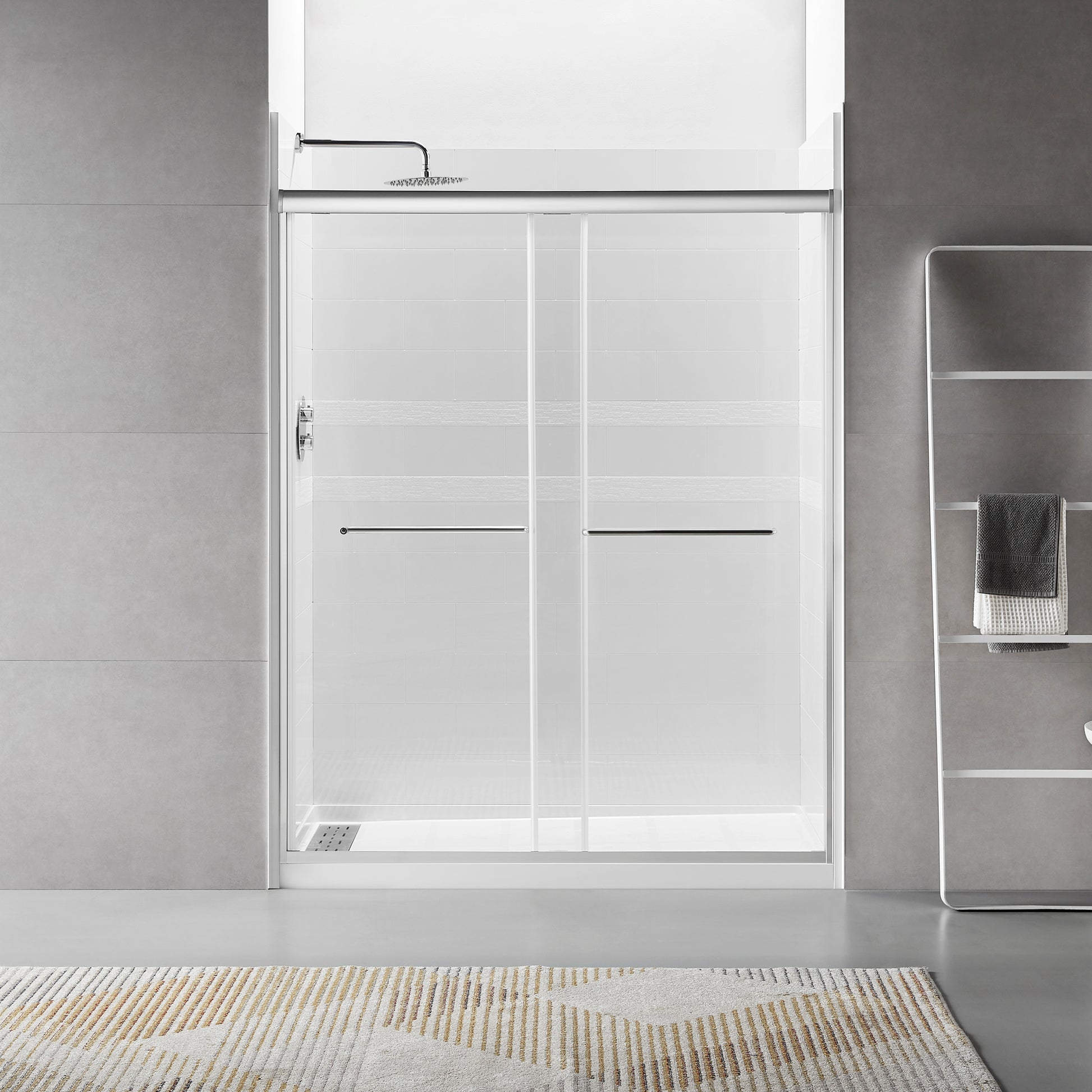 56" 60"W X 70"H Framed Shower Door, Bathroom Double Sliding Shower Door, 1 4" 6Mm Clear Tempered Glass, Bypass Glass Door, Brushed Titanium Finish Brushed Titanium Bathroom American Design Glass