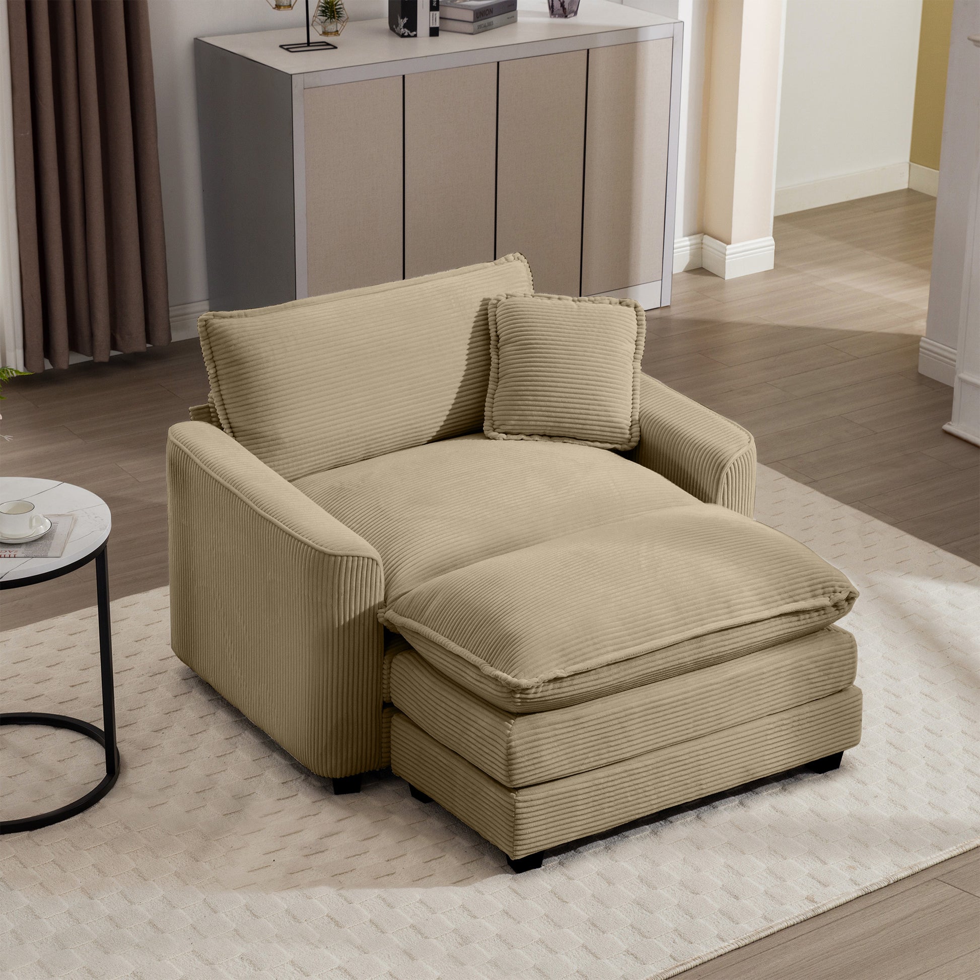 Comfortable Single Chair Deep Seat Sofa With Footstool With One Pillow, Suitable For Living Room And Bedroom, Club Multiple Occasions, Tan Corduroy Fabric Tan Corduroy 1 Seat