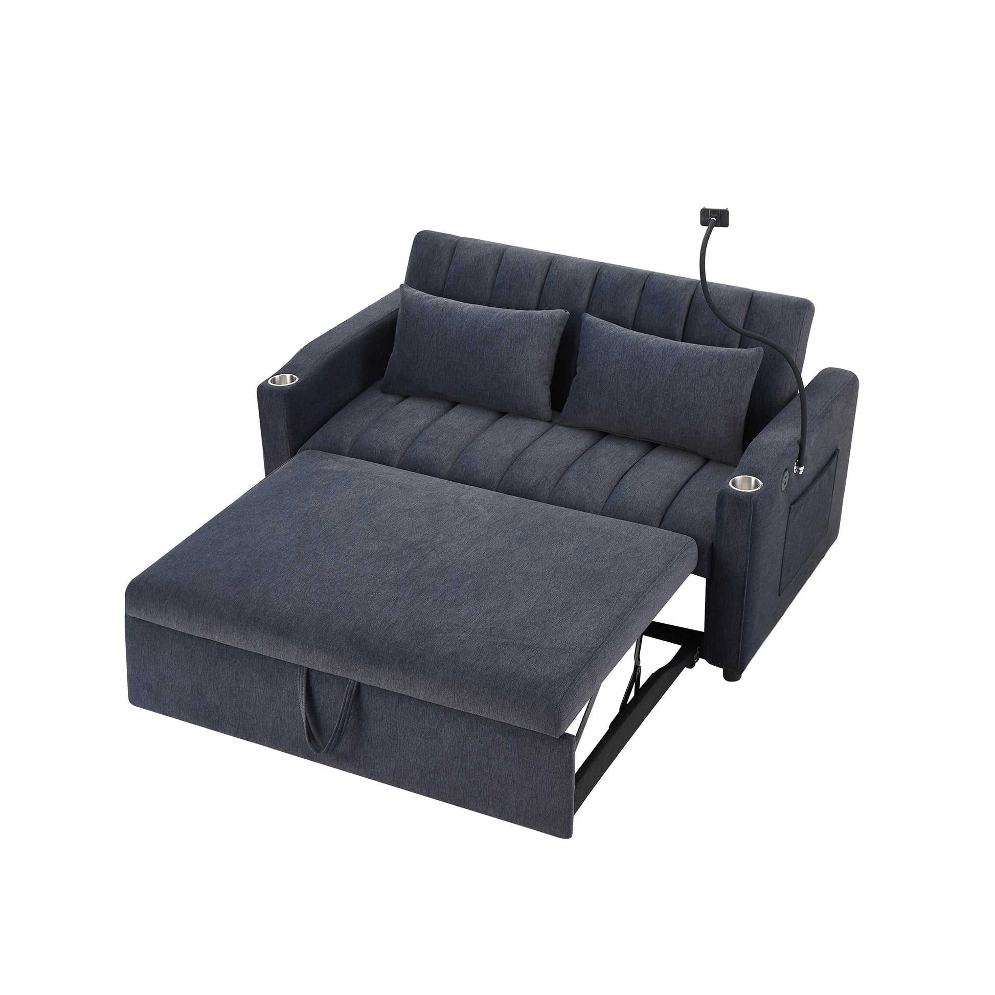 55.9" Convertible Sofa Bed Loveseat Sofa With Three Usb Ports, Two Side Pockets, Two Cup Holders And 360 Swivel Phone Holder For Living Room, Blue Grey Blue Gray Foam Polyester