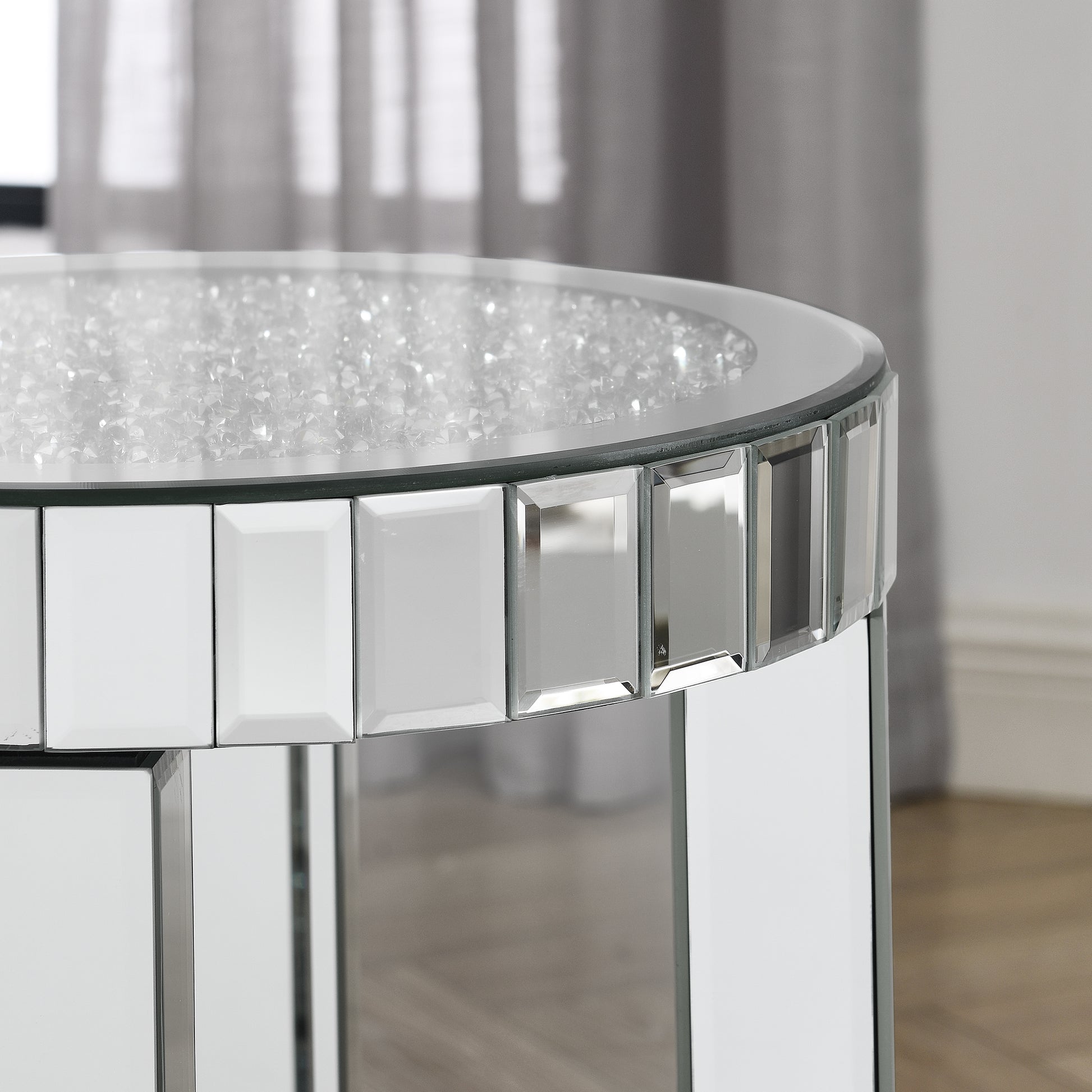 Mirror Round Table With Crystal Inlay, 2 Layer Modern Small Sofa Table With Storage Space, Silver Decorative Table Suitable For Living Room, Bedroom, Coffee And Small Spaces Mirrored Finish Primary