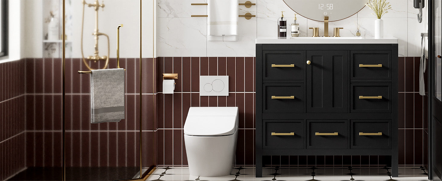 36'' Bathroom Vanity With Resin Sink Combo, Solid Wood Frame Bathroom Storage Cabinet, Freestanding Vanity Set With 5 Drawers& Soft Closing Doors Same As Sw000142Aab Black Bathroom Solid Wood Mdf Resin