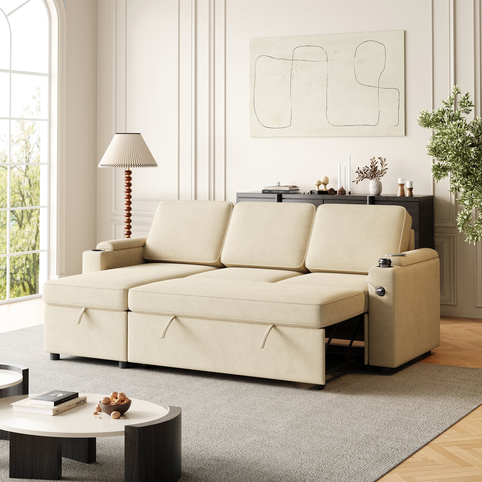 Mh85.8" Sleeper Sofa, Sofa Bed 2 In 1 Pull Out Sofa Bed With Storage Sofa, Sofa Sleeper With Pull Out Bed With Charging Port Beige Primary Living Space Eucalyptus Polyester Fabric 3 Seat