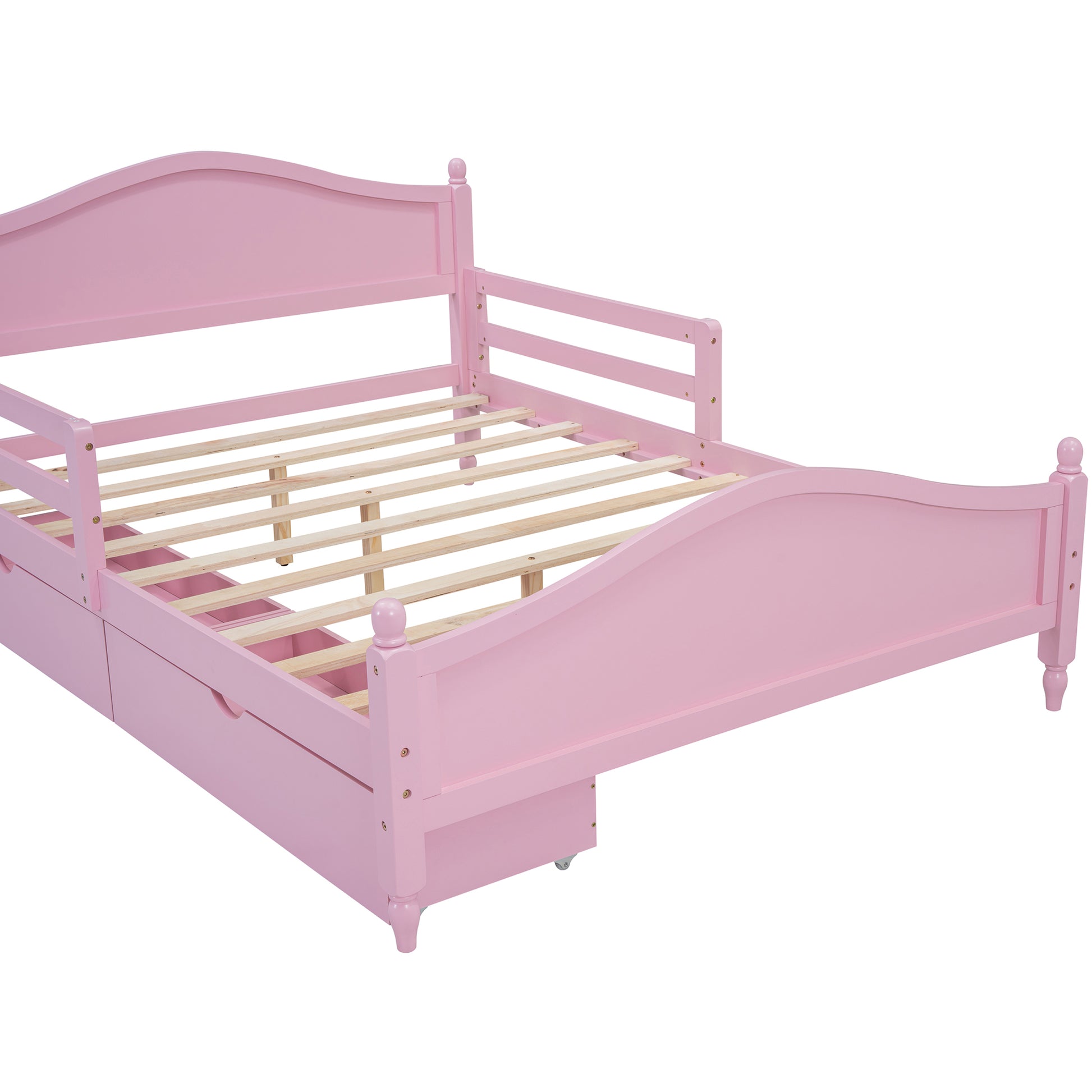 Full Size Wood Platform Bed With Guardrails On Both Sides And Two Storage Drawers ,Pink Full Pink Wood