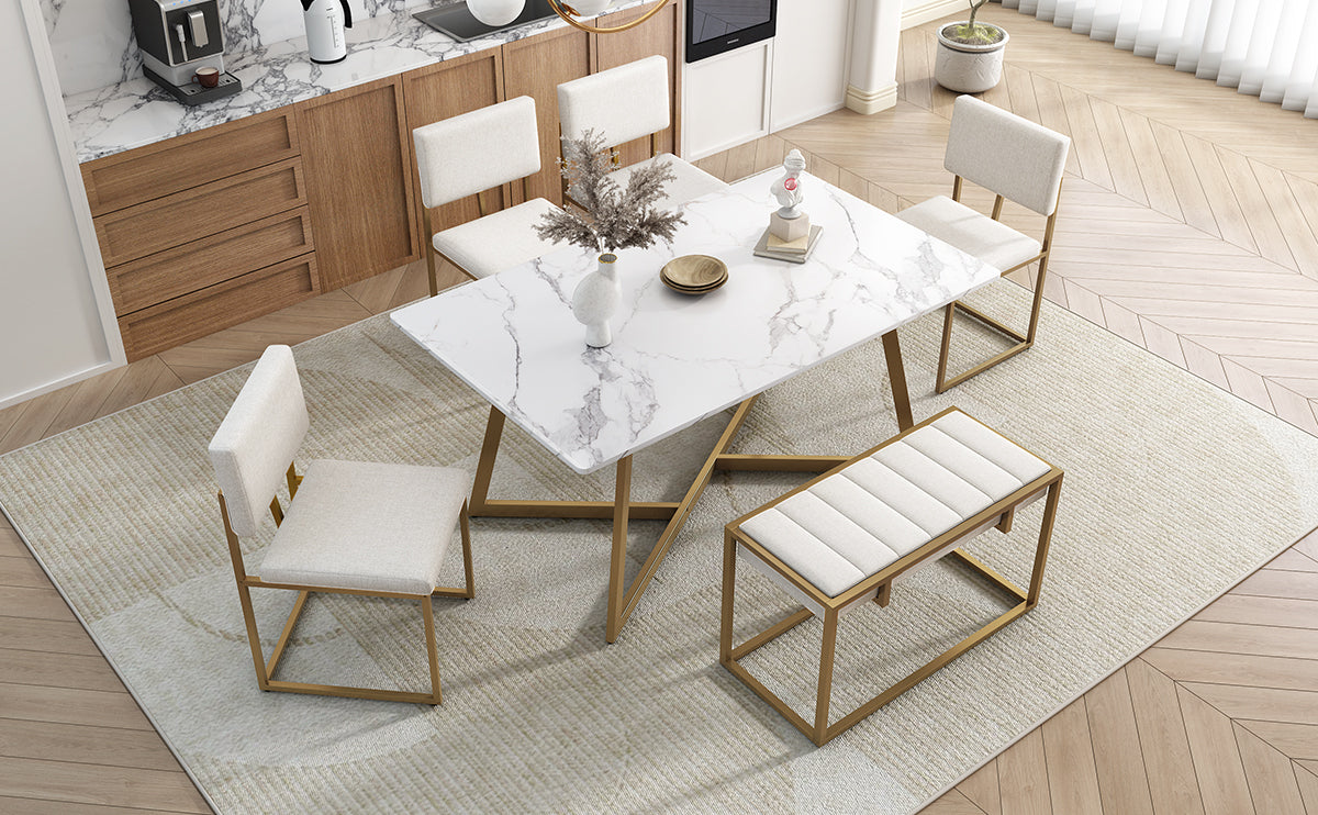 Modern Faux Marble 6 Piece Dining Table Set,60Inch Metal Kitchen Table Set With Upholstered Dining Chairs And Bench, Golden Metal Dining Room Bench Seating Rectangular Dining Table With Chair And Bench Metal Wood Golden Seats 6 60 Inches Farmhouse