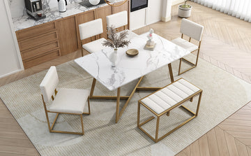 Modern Faux Marble 6 Piece Dining Table Set,60Inch Metal Kitchen Table Set With Upholstered Dining Chairs And Bench, Golden Metal Dining Room Bench Seating Rectangular Dining Table With Chair And Bench Metal Wood Golden Seats 6 60 Inches Farmhouse