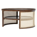 2 Tiered Round Walnut Wood Coffee Table With Storage Rattan Base In 31.3'' Walnut Rubber Wood