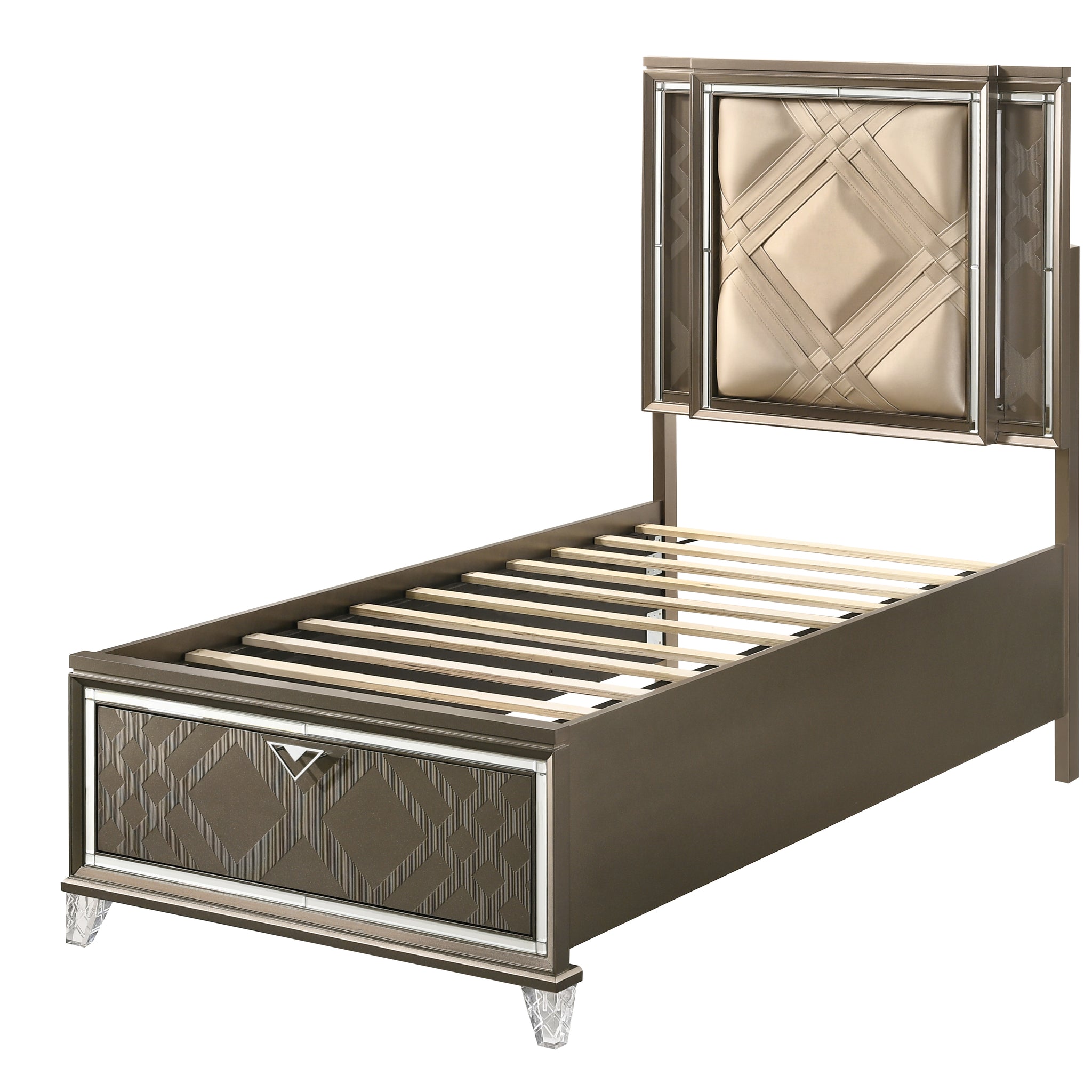 Beige And Dark Champagne Twin Bed With Storage Box Spring Not Required Twin Beige Wood Bedroom Glam Rubberwood Storage Included Wood