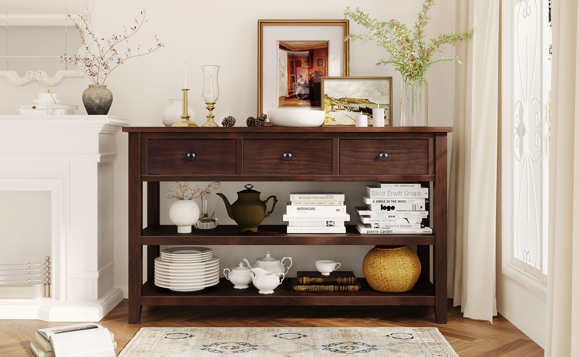 Retro Design Console Table With Two Open Shelves, Pine Solid Wood Frame And Legs For Living Room Espresso Espresso Solid Wood Mdf