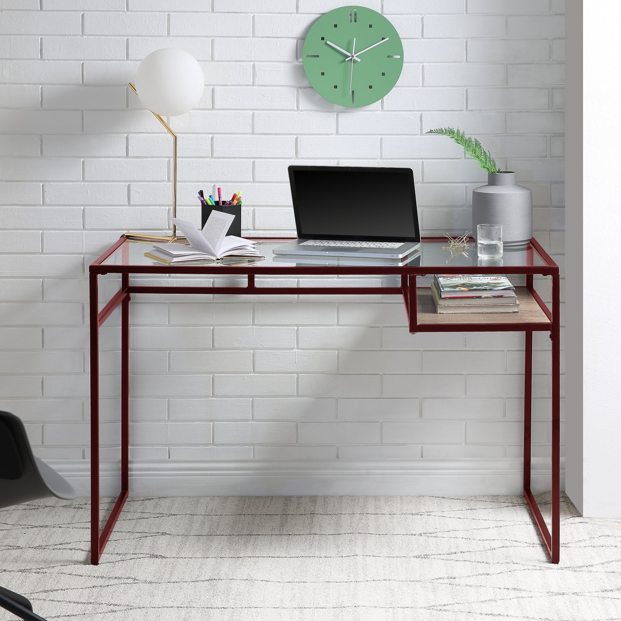 Yasin Glass Top & Red Finish Writing Desk Red Glass,Metal,Synthetic Wood