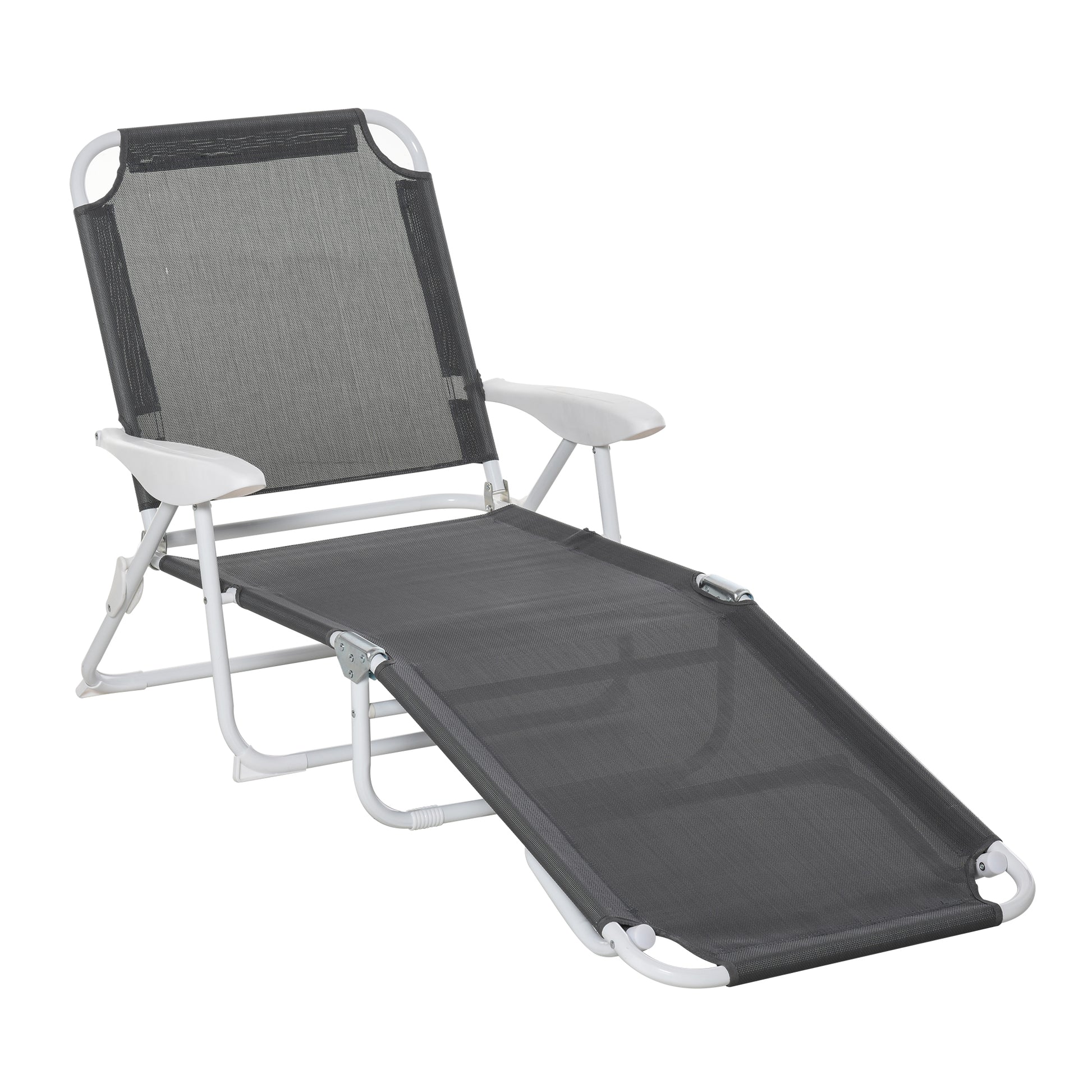 Outsunny Folding Chaise Lounge, Outdoor Sun Tanning Chair, 4 Position Reclining Back, Armrests, Metal Frame And Mesh Fabric For Beach, Yard, Patio, Dark Gray Dark Grey Metal