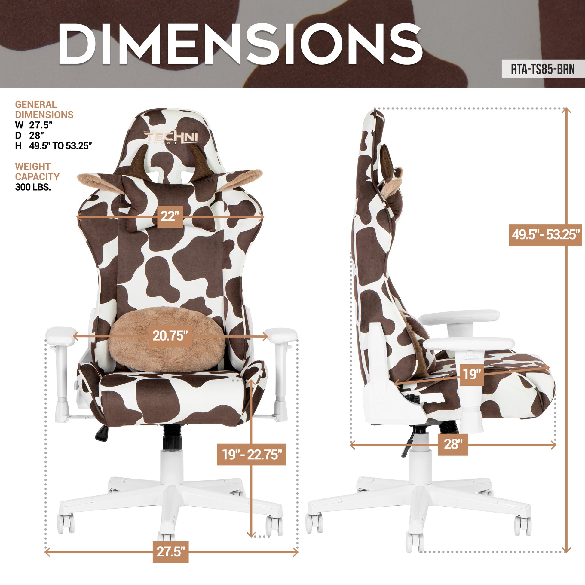 Techni Sport Ts85 Brown Cow Series Gaming Chair Caster Nylon Brown Office Spot Clean Rectangular Modern Handle Office Chairs Solid Back Fabric Metal