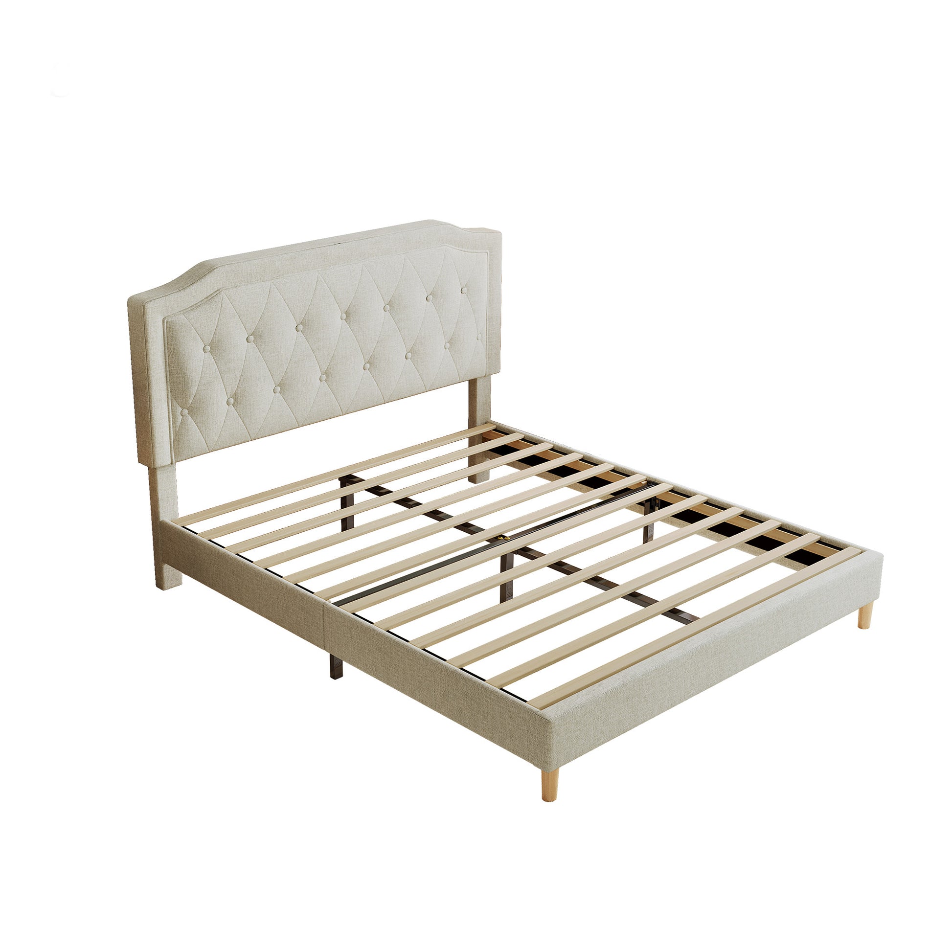 Queen Size, Cotton Linen Fabric, Mesh Mounted Bed, Stable, Easy To Assemble, Light Grey Queen Light Gray Mdf Acacia