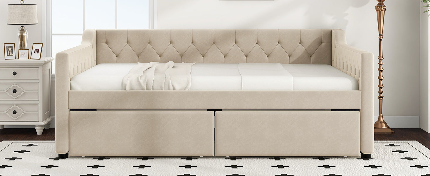 Full Size Upholstered Tufted Daybed With 2 Drawers, Beige Box Spring Not Required Full Beige Wood Daybeds Velvet Upholstered