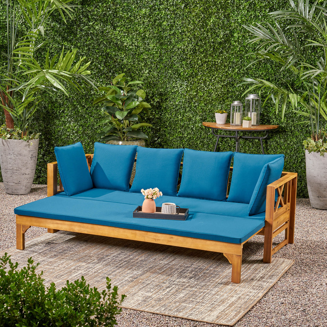 Long Beach Sofa Daybed Teak Pe Rattan Iron Waterproof Fabric